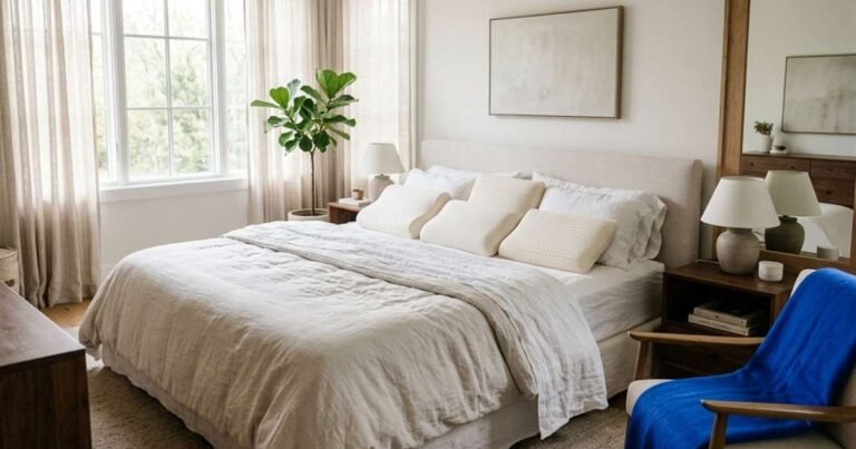 five-different-dunlop-latex-pillows-arranged-on-a-bed-showcasing-various-lofts-and-densities