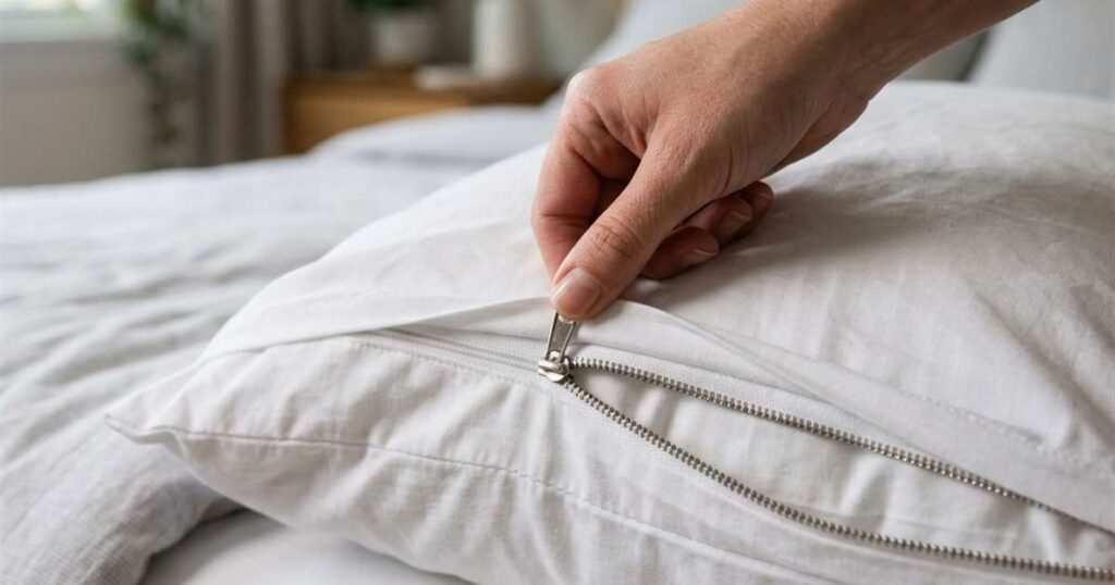 hand-zipping-white-pillow-protector-showcasing-do-pillow-protectors-prevent-yellowing