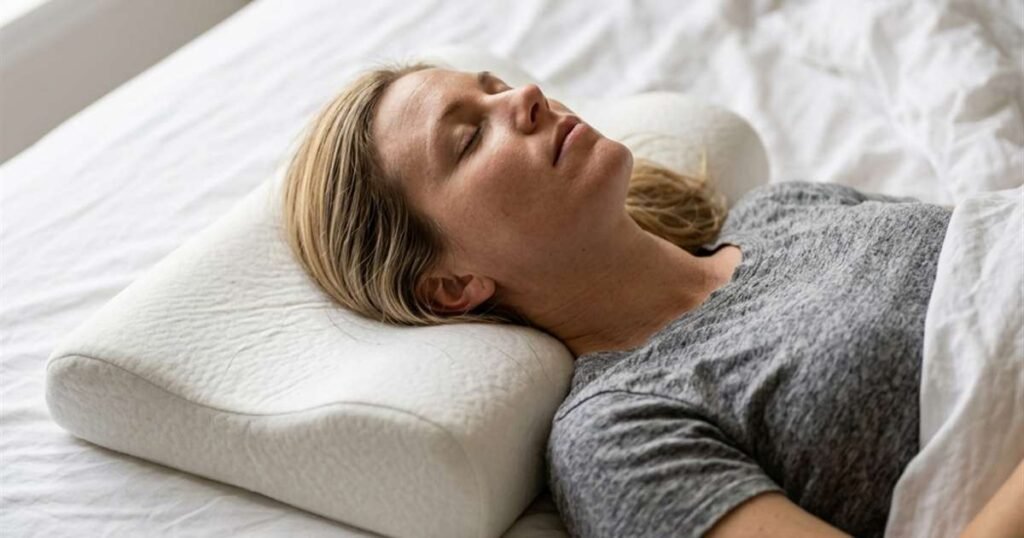 person lying on back head resting in center depression of cervical pillow showcasing how to sleep with a cervical pillow