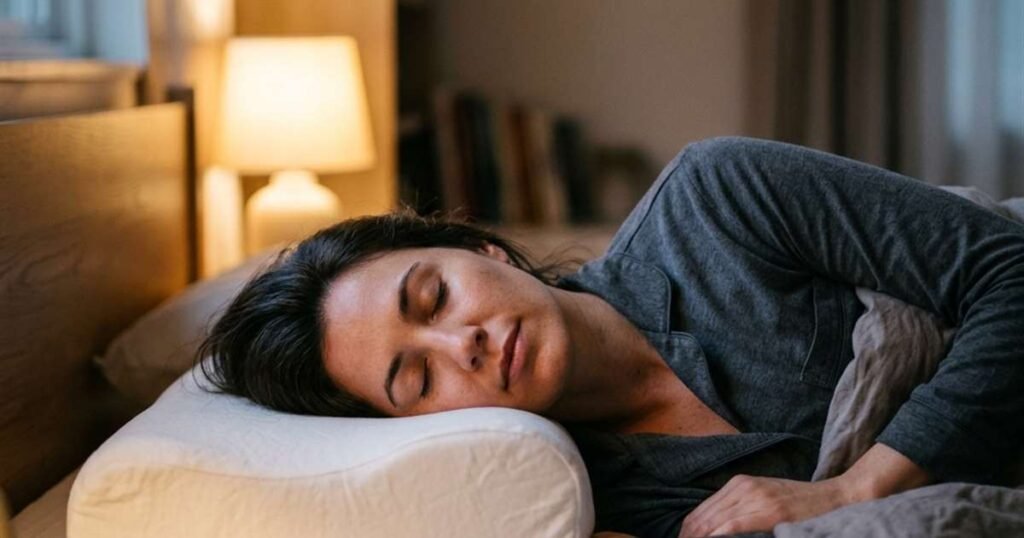 person lying on side head resting on raised lateral edge of cervical pillow showcasing how to sleep with a cervical pillow