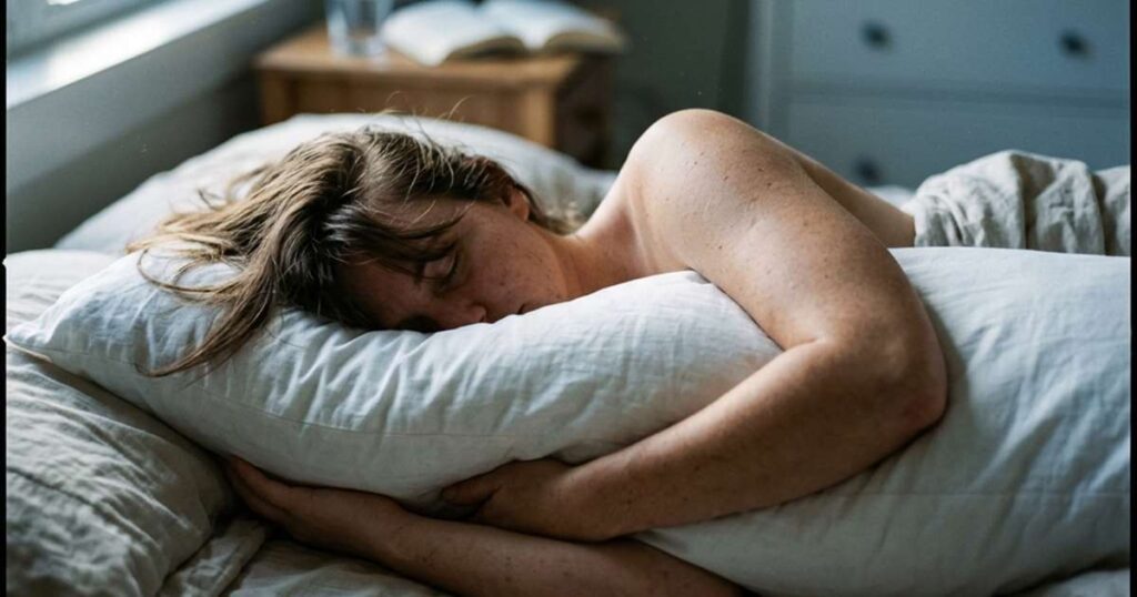 person-lying-on-side-holding-body-pillow-showcasing-best-body-pillow-for-side-sleepers