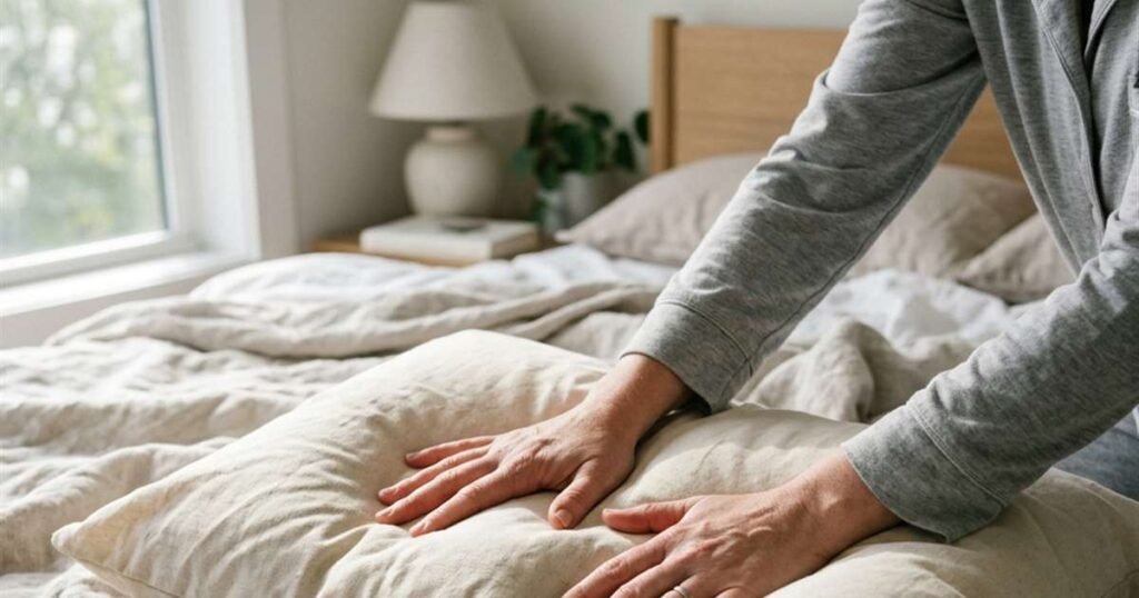 person-reshaping-a-buckwheat-pillow-to-redistribute-fill-before-sleeping-showcasing-8-does-a-buckwheat-pillow-for-neck-pain-actually-work-pros-cons