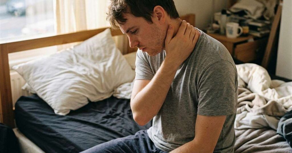 person-sitting-on-the-edge-of-a-bed-in-the-morning-with-hand-pressed-to-the-back-of-their-neck-showcasing-how-to-tell-if-you-need-a-new-pillow