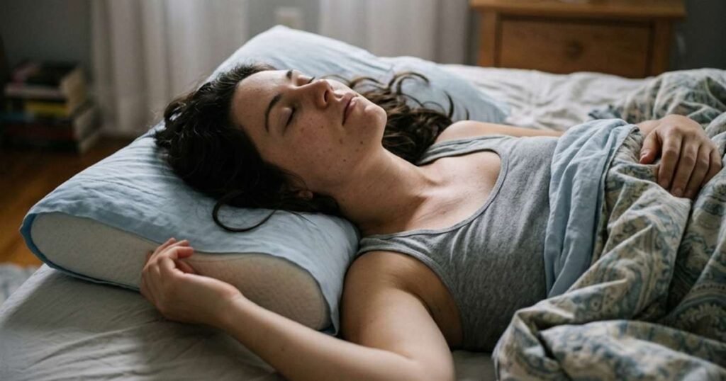 person-sleeping-on-their-back-elevated-on-a-contour-memory-foam-pillow-showcasing-best-pillow-for-snoring-back-sleeper