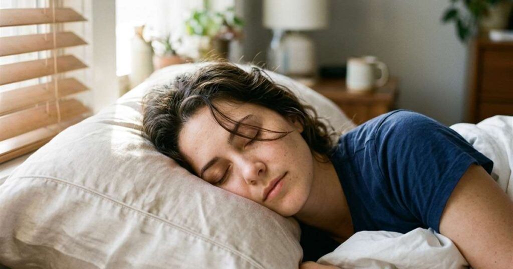 person-waking-up-in-the-morning-with-head-resting-on-a-light-colored-pillow-with-subtle-sheen-showcasing-silk-vs-satin-pillowcase