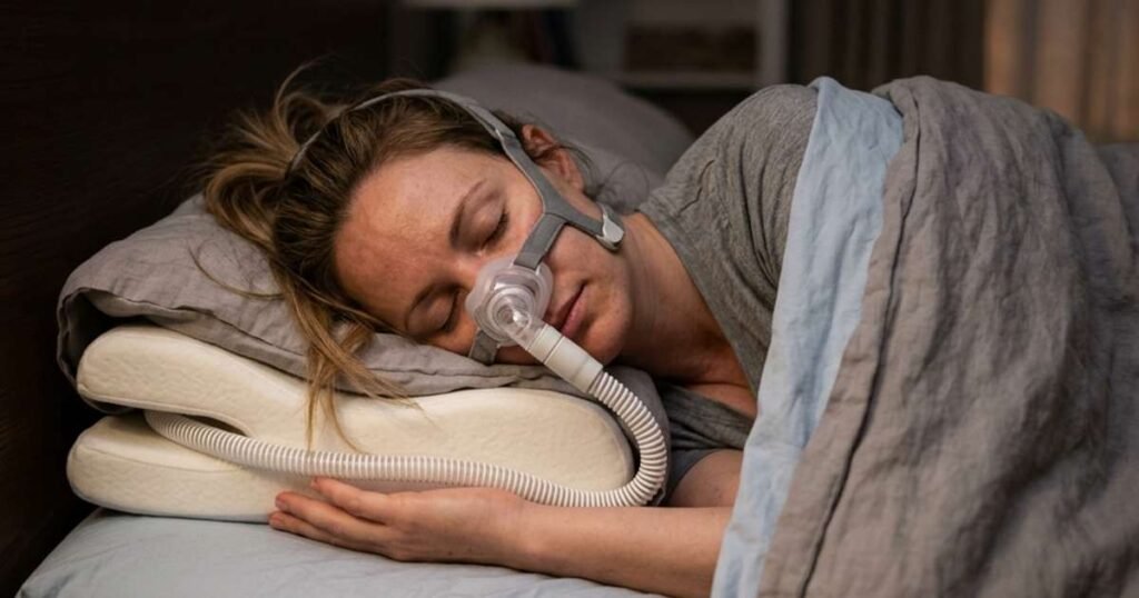 Your CPAP Mask Isn't Leaking Because It's Broken, Your Pillow Is the Problem 1 person with nasal cpap mask resting on their side on firm contoured pillow showcasing cpap pillow for side sleepers