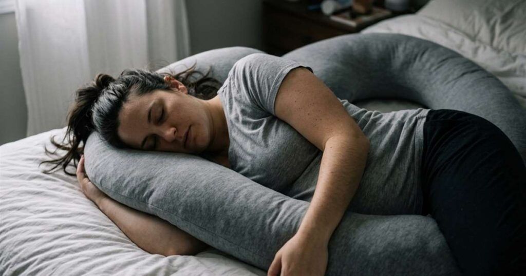 pregnant-woman-resting-on-side-pregnancy-pillow-showcasing-how-to-sleep-with-u-shaped-pregnancy-pillow
