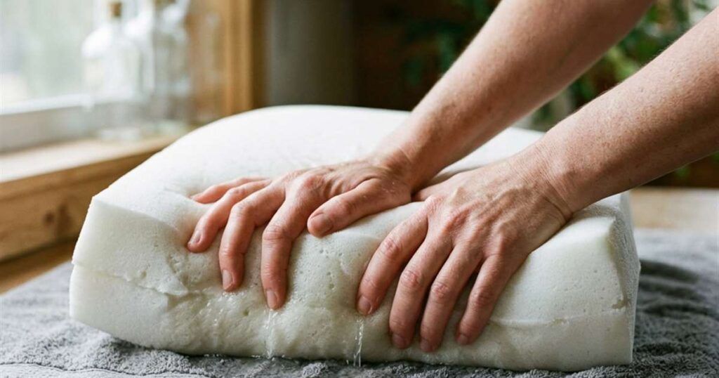 How to Wash a Memory Foam Pillow Without Wrecking the Cell Structure 2 pressing-memory-foam-pillow-on-towel-showcasing-how-to-wash-a-memory-foam-pillow