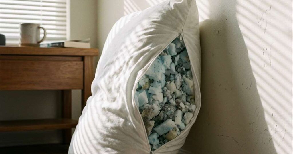 shredded-memory-foam-pillow-standing-upright-unzipped-to-show-foam-fill-showcasing-how-to-fluff-a-shredded-memory-foam-pillow