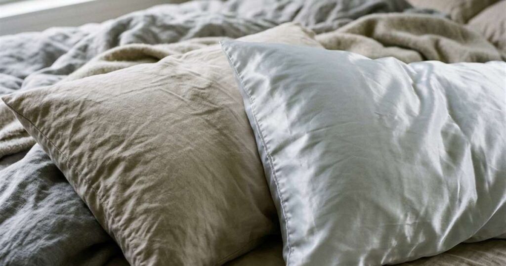 two-pillowcases-side-by-side-on-an-unmade-bed-one-with-a-soft-matte-sheen-and-one-brighter-and-more-reflective-showcasing-silk-vs-satin-pillowcase