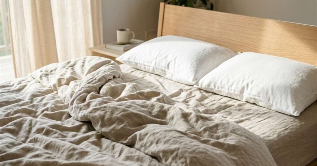 Saatva Latex vs. Avocado Green Pillow: The Organic Head-to-Head 1 two-white-pillows-side-by-side-on-an-unmade-bed-with-natural-linen-bedding-showcasing-saatva-vs-avocado-pillow-selector