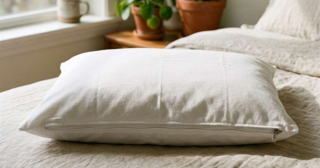 white-zippered-pillow-protector-on-linen-duvet-showcasing-best-waterproof-pillow-protector
