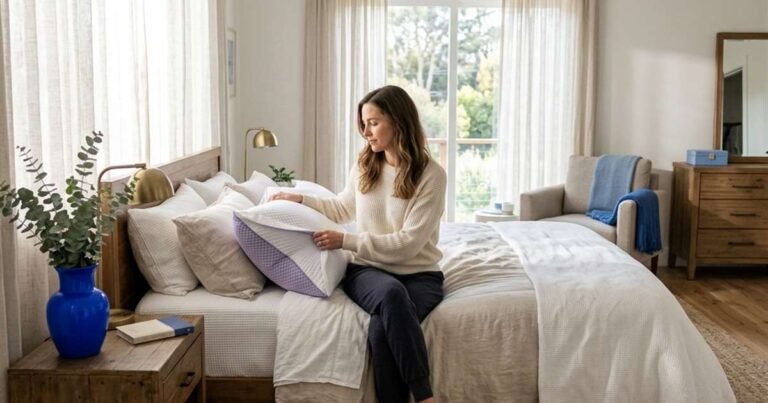 woman-adjusting-her-purple-harmony-pillow-in-a-modern-bedroom