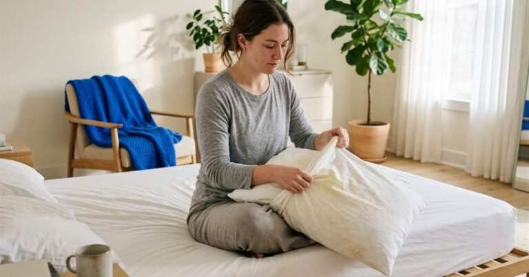 woman-checking-yellow-stained-pillow-on-bed-showcasing-do-pillow-protectors-prevent-yellowing