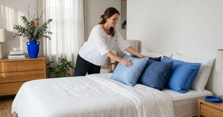 woman-smoothing-cooling-pillowcases-on-bed