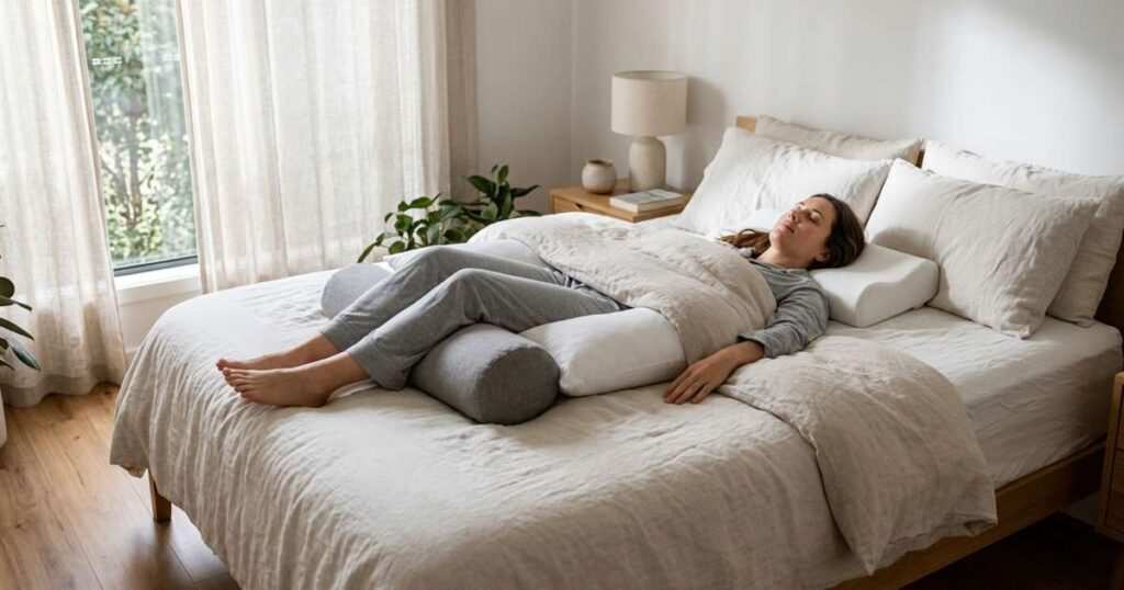 a person sleeping on their back with a cervical contour pillow and knee bolster to train back sleeping