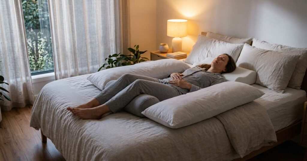 a woman practicing progressive muscle relaxation while resting on her back with supportive pillows