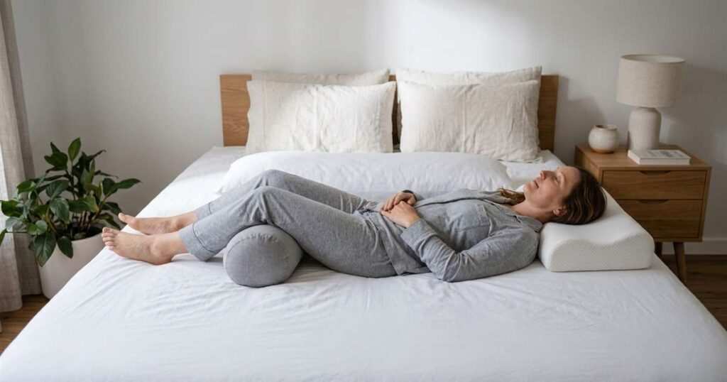 a woman sleeping on her back with only one side pillow barrier after adapting to the position