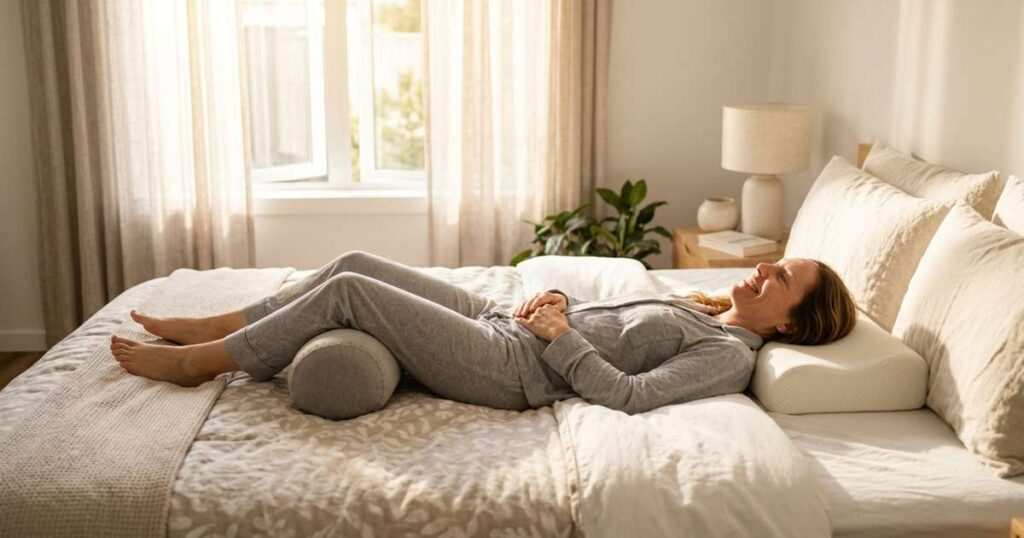 a woman waking up refreshed and smiling after successfully training herself to sleep on her back