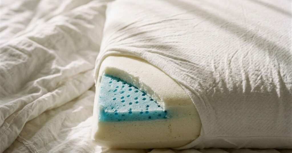 Gel-Infused Memory Foam vs. Regular: Is the Cooling a Gimmick? 2 blue gel infused memory foam pillow cross section showcasing gel infused memory foam vs regular