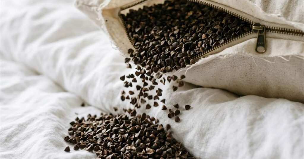 7 Best Cooling Pillows for Night Sweats: What the Fill Materials Actually Do to Your Temperature 1 buckwheat-hulls-spilling-from-an-unzipped-pillow-showcasing-best-cooling-pillow-night-sweats