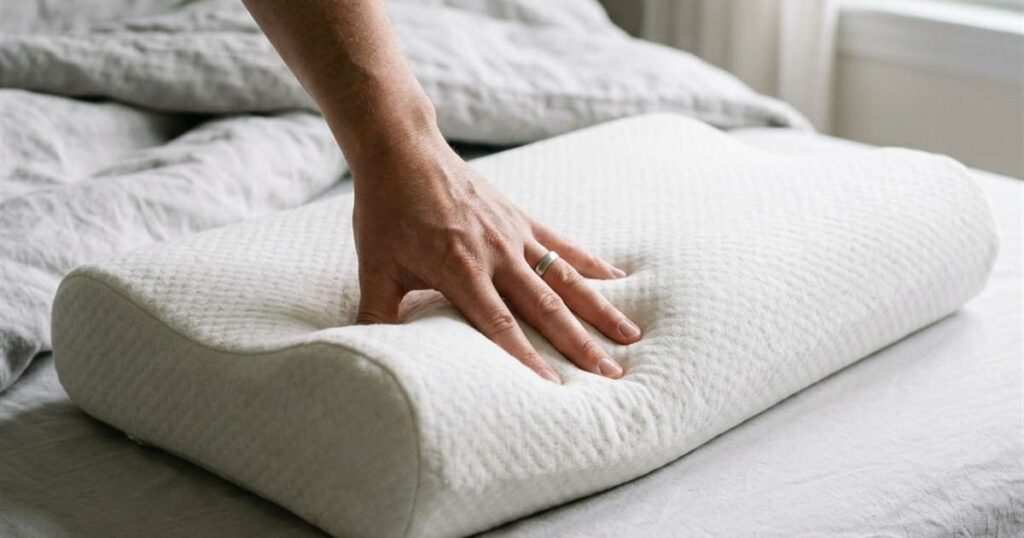 hand pressing cervical contour pillow roll showcasing best cervical pillow for back sleepers