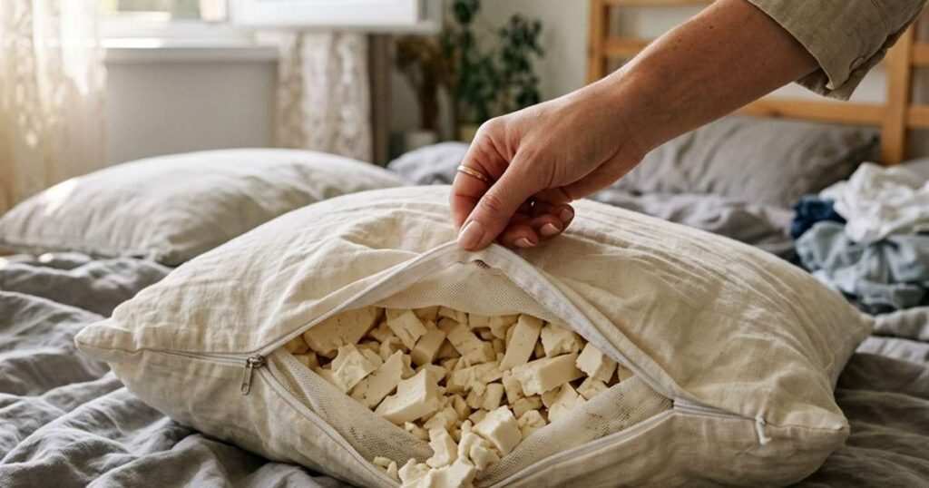 7 Best Cooling Pillows for Night Sweats: What the Fill Materials Actually Do to Your Temperature 9 hand-unzipping-a-shredded-latex-pillow-showcasing-best-cooling-pillow-night-sweats