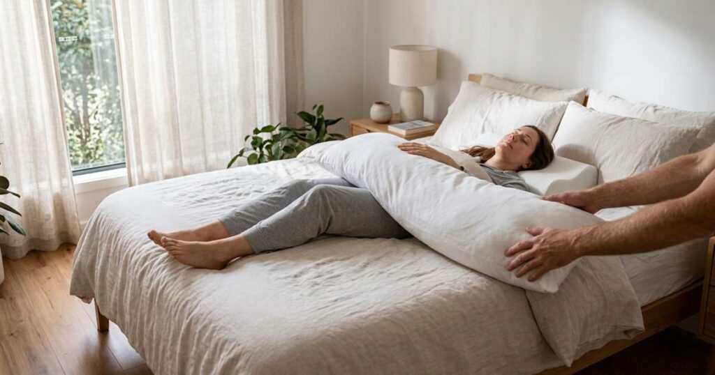 hands adjusting a body pillow closer to the hips to prevent rolling while back sleeping