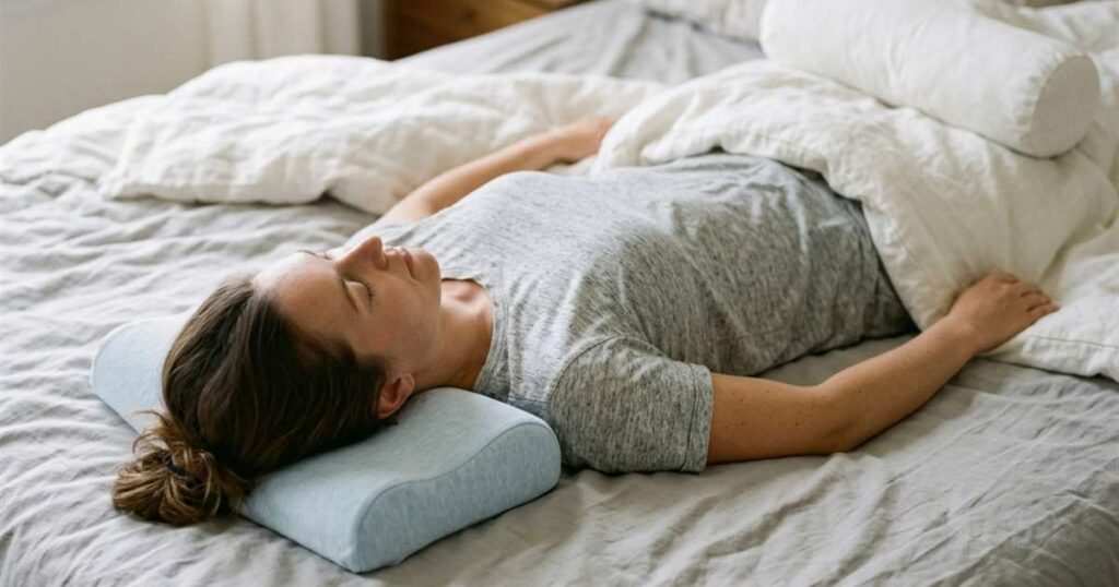 person-sleeping-back-cervical-pillow-bolster-showcasing-how-to-train-yourself-to-sleep-on-your-back