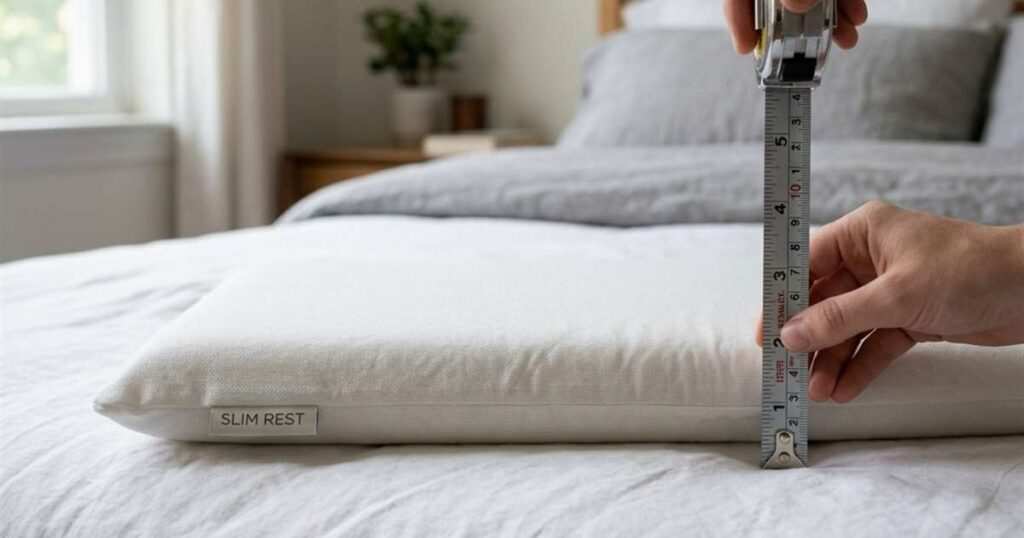 thin-memory-foam-pillow-next-to-measuring-tape-showcasing-best-thin-pillow-stomach-sleepers