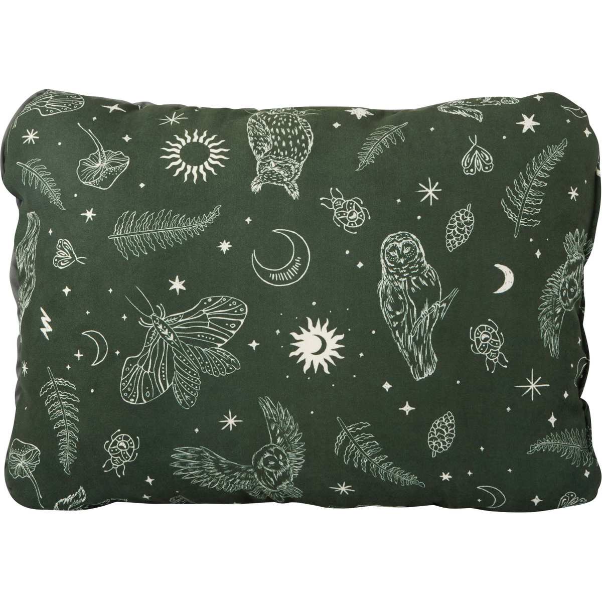 Green patterned Therm-a-Rest Compressible Pillow Cinch shown fully inflated.