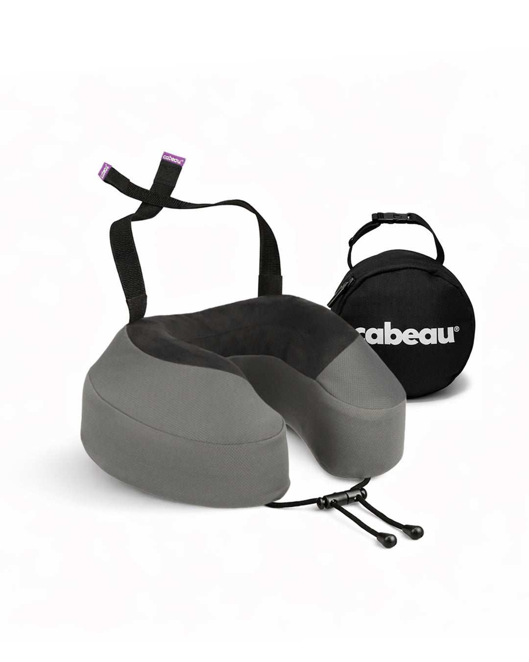 The Cabeau Evolution S3 travel pillow in steel grey with its seat straps and travel case.