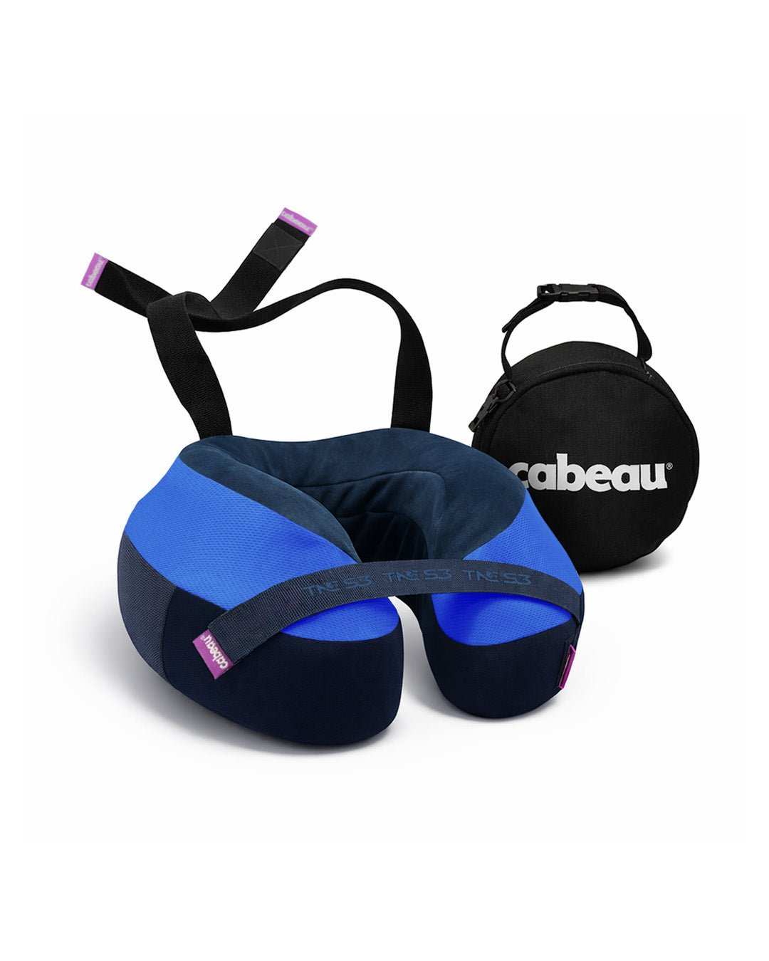 The Cabeau TNE S3 travel pillow in Sydney blue with its chin strap and travel case.