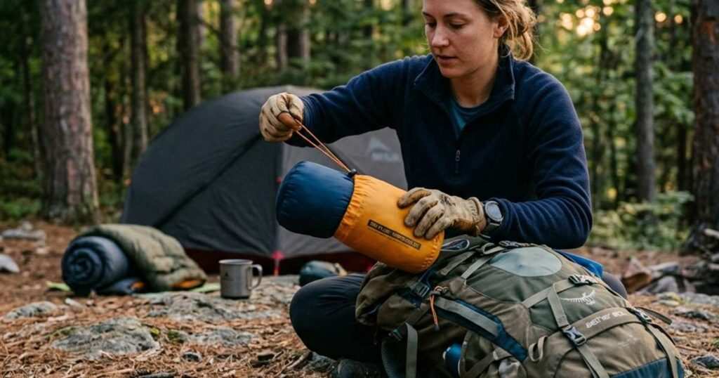 Backpacker unpacking a small pillow from a tiny stuff sack at a campsite