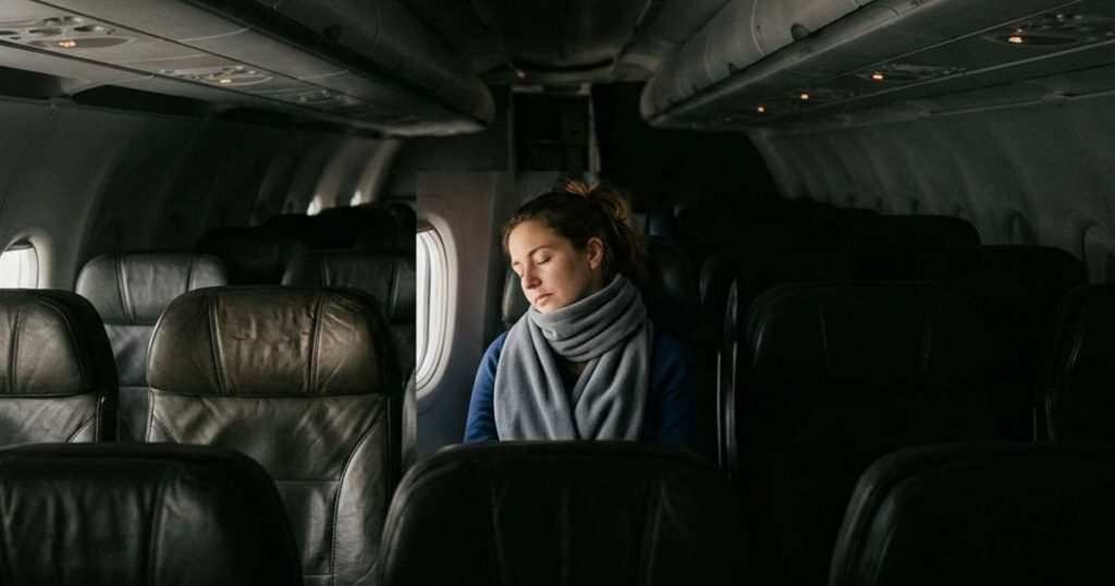 Fleece travel scarf wrapped around passengers neck in dim airplane cabin