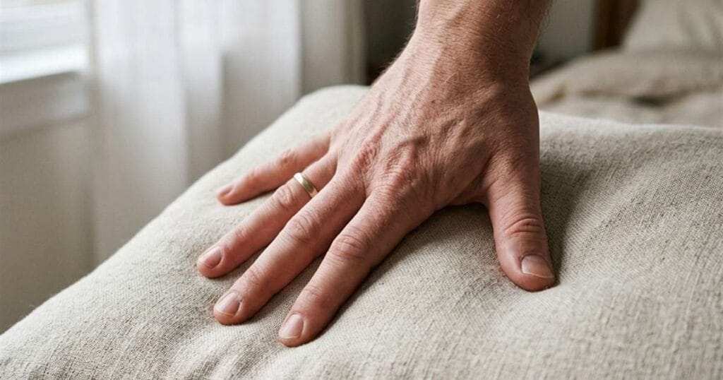 Man hand pressing into a firm pillow