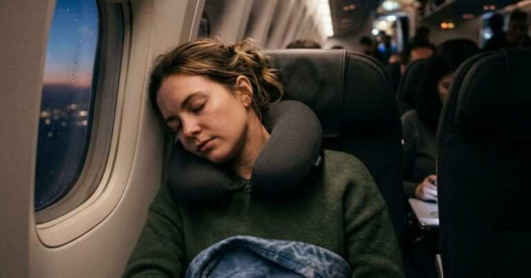 Traveler sleeping with the best travel pillow for long haul flights.