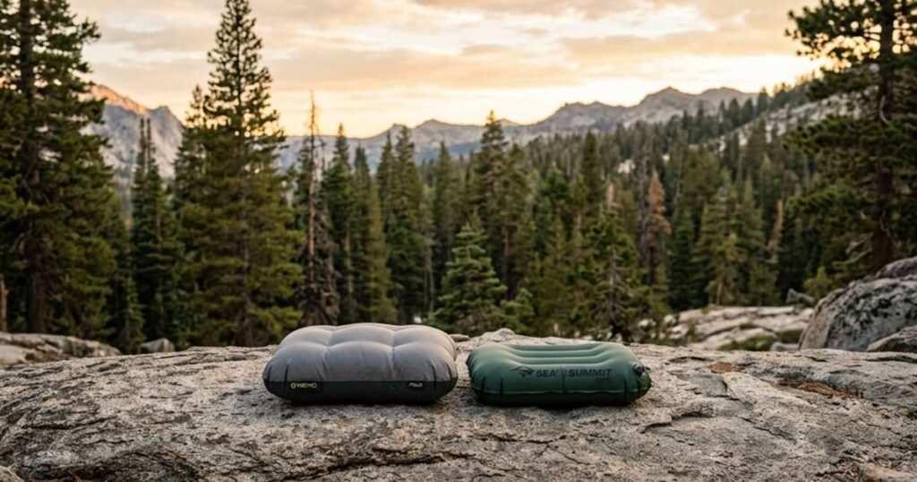 Puffed foam pillow and deflated inflatable pillow side by side on a stone