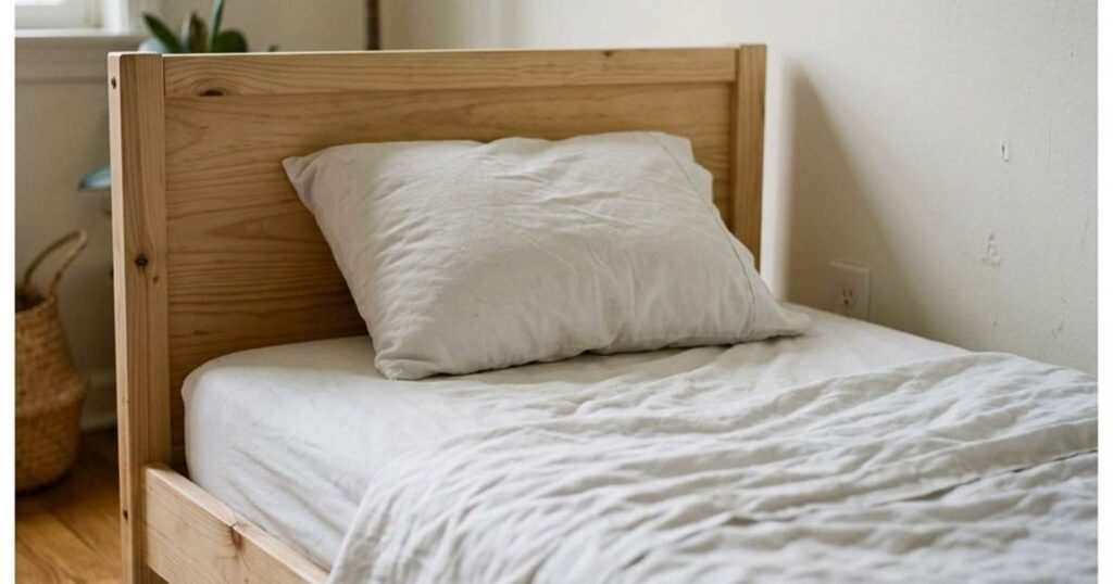 Toddler sized low bed with a flat pillow