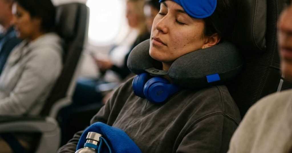 Traveler sleeping in an airplane seat with a structured travel pillow attached to the headrest