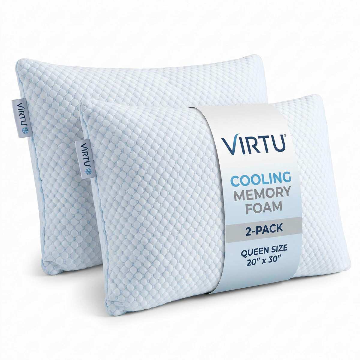 Two Virtu Cooling Memory Foam pillows in the 2-pack, Queen size.