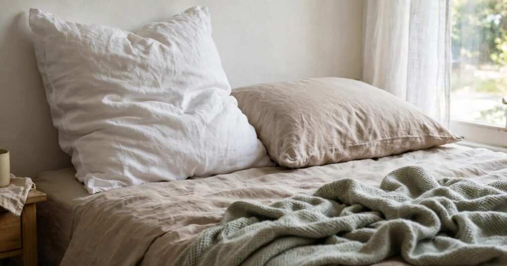 Two pillows side by side on a bed, one taller and fluffier than the other
