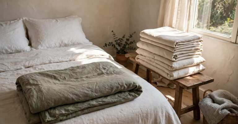 A neatly made bed with a folded duvet and a stack of pillowcases on a bench
