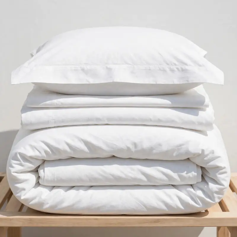 Folded organic cotton percale bedding bundle in white