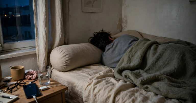Person sleeping on their left side with a long body pillow behind their back