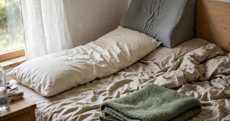 Foam wedge pillow propped against a headboard with a body pillow beside it