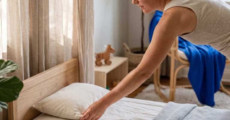 woman gently fixing pillow