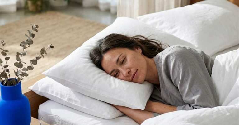 woman resting against a cool white pillow